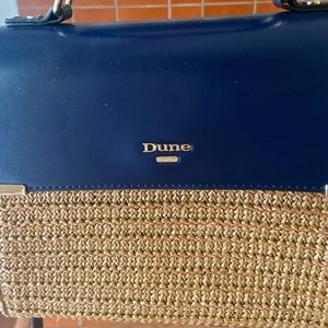 Dune, navy and wicker purse with crossbody strap and count purse